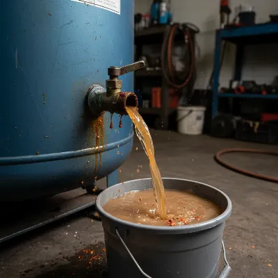 A close-up shot of an air compressor drain valve releasing condensed water into a small bucket.