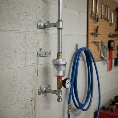 A garage wall showing a routed air compressor drop line with a filter, regulator, and quick-connect coupling for tools