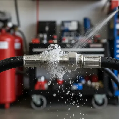 Close-up of an air compressor hose connection with visible bubbles from soap solution indicating a leak