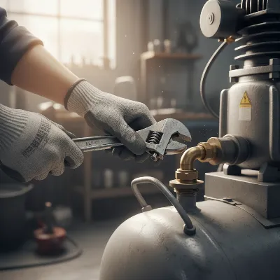 Technician tightening a loose fitting on an air compressor pipe to prevent air leakage