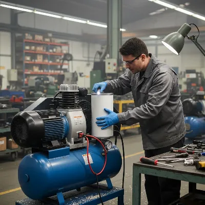 Technician performing maintenance on an air compressor, checking filters and connections.