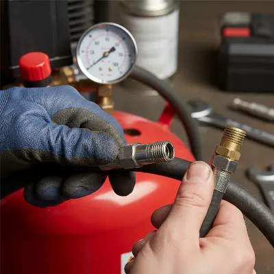 A person inspecting air compressor hoses and connections for maintenance, emphasizing prevention