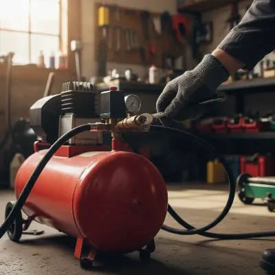 Hand performing maintenance on an air compressor, checking connections and hoses.