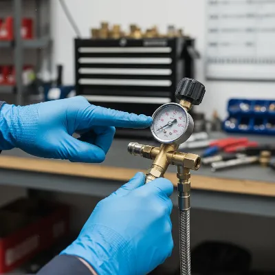 Technician performing maintenance on an air compressor regulator, checking connections and gauges.