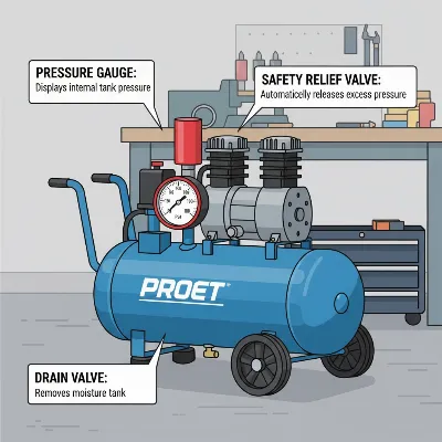 An illustrative diagram highlighting key safety components of an air compressor like the pressure gauge, safety valve, and drain valve.