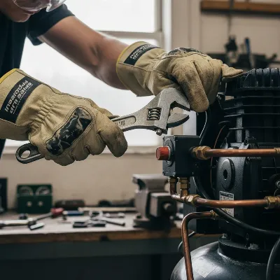 Technician wearing safety gloves and eye protection working on an air compressor, emphasizing safety.
