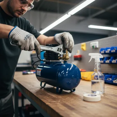 A person wearing safety glasses and gloves, holding a wrench near an air compressor, with a spray bottle and PTFE tape on a workbench