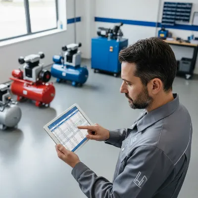 A person reviewing technical specifications on a tablet, with various air compressor types in the background, symbolizing the decision-making process for selection.