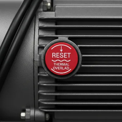 An air compressor's thermal overload button, emphasizing safety and cooling.