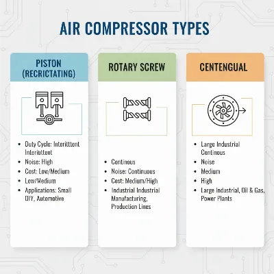 Illustrative diagram comparing piston, rotary screw, and centrifugal air compressor types with key characteristics
