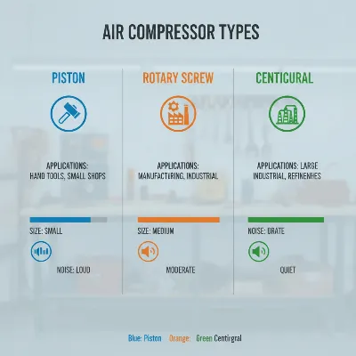 An illustrative infographic comparing different types of air compressors (piston, rotary screw, centrifugal) with icons representing their typical applications, size, and noise levels in a workshop setting with a clean background, editorial style