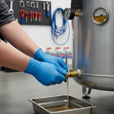 A close-up shot of a technician performing routine maintenance on a heavy-duty air compressor in an auto shop, focusing on draining a condensation valve or checking an oil gauge, with a clean and professional aesthetic