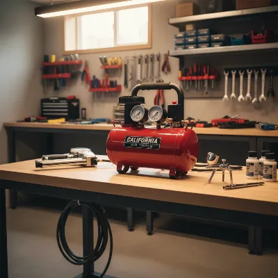 California Air Tools 1P1060S ultra-quiet portable air compressor in a neat basement workshop setting with various light tools.