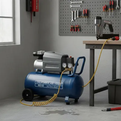 California Air Tools 8010 Ultra Quiet Air Compressor with features visible in a garage setting.