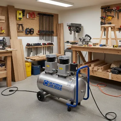 California Air Tools 8010 quiet air compressor in a basement for DIY projects.