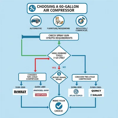 Infographic illustrating key decision factors when buying a 60-gallon air compressor for spray painting, including CFM, PSI, tank size, and brand reputation