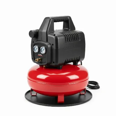A compact, lightweight pancake-style portable air compressor, highlighting its handle and small footprint for easy transport.