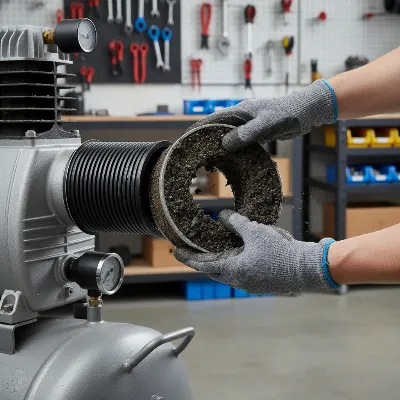 Worker replacing a dirty air compressor intake filter to improve efficiency and pressure build-up.