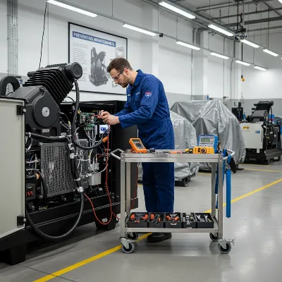 Technician performing routine maintenance on an air compressor, checking components to prevent pressure issues.