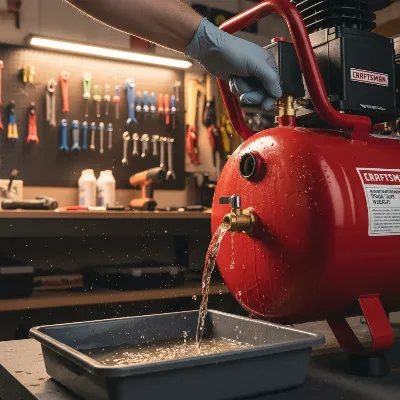 A user demonstrates draining water from a Craftsman air compressor tank after use, emphasizing safety and regular maintenance. The scene shows the drain valve open, with a small amount of water coming out into a container, in a well-lit workshop.