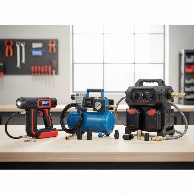 Three different types of cordless air compressors side-by-side on a workshop bench 