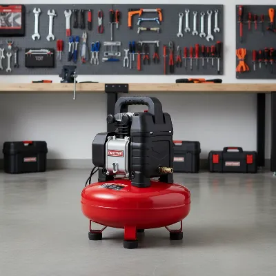 A Craftsman 6-gallon pancake air compressor with its integrated handle and stable design, ready for transport in a home garage setting. The compressor is red and black, compact, and positioned on a clean concrete floor, suggesting ease of portability for DIY tasks.