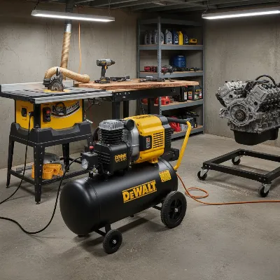 DeWalt Xtreme Quiet Series high-performance air compressor in a basement workshop.