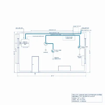 Detailed blueprint of a garage air compressor line layout showing main lines, drop lines, and compressor placement