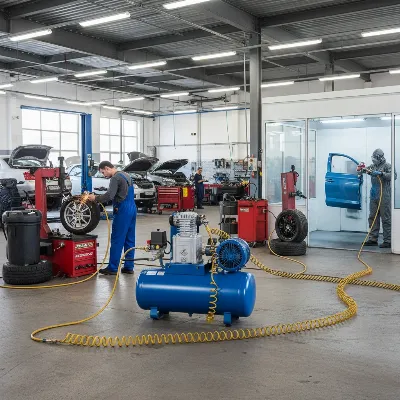 A powerful heavy-duty air compressor supplying compressed air to multiple tools in a bustling auto repair shop, showcasing various pneumatic tools in action, realistic style, wide-angle shot, bright workshop lighting