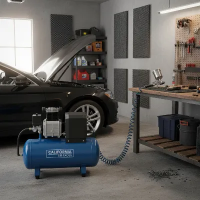 A powerful yet quiet air compressor with a 10-gallon tank in a garage workshop, connected to an impact wrench, highlighting its utility.