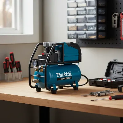 Makita MAC210Q Quiet Series compact air compressor operating in a quiet basement.