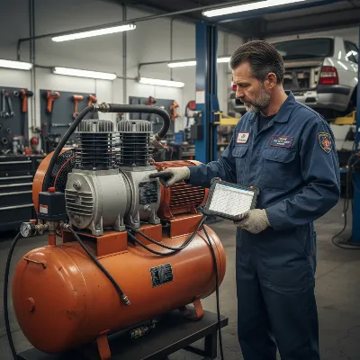 A skilled mechanic or auto shop owner in a garage, intently reviewing the specifications label on a heavy-duty air compressor, possibly with a tablet or notebook in hand, reflecting a thoughtful decision-making process