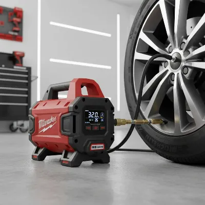 Milwaukee M18 Inflator 2848-20 quickly inflating a car tire at a garage