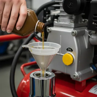 Pouring fresh oil into a gas air compressor using a funnel to prevent spills.