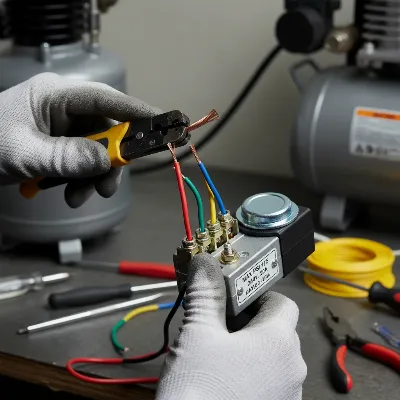 Close-up of a technician connecting wires to a new air compressor pressure switch, emphasizing proper wiring.