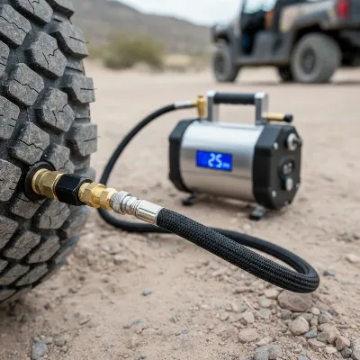 A close-up of an off-road vehicle tire with a portable 12V air compressor connected, focusing on a digital pressure gauge