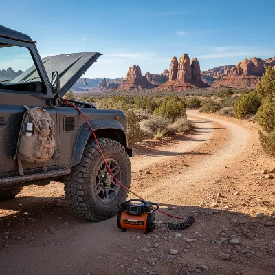 Off-road vehicle with a portable 12V air compressor inflating a tire, showcasing rugged terrain in the background