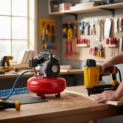 Pancake air compressor in use for a light DIY project, illustrating its compact size and portability