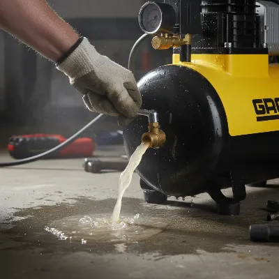 A close-up shot of a hand operating the ball drain valve at the bottom of a pancake air compressor, showing water and condensation being released, in a garage or workshop setting, realistic photo style