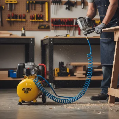 A portable air compressor connected to a nail gun on a job site, illustrating active use in woodworking.