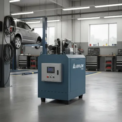 A photo of a modern, industrial rotary screw air compressor in a clean workshop environment, emphasizing its enclosed design and robust construction, realistic and functional aesthetic