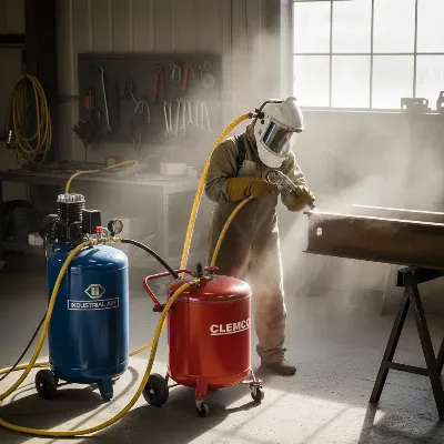 A detailed photograph of a professional sandblasting setup with a two-stage air compressor, a blast pot, and a worker in full PPE.