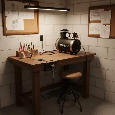 Stealth SAQ-1234 ultra-quiet air compressor in a small home basement workshop setup.