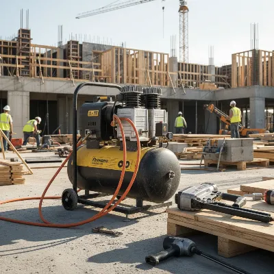 Twin stack air compressor on a busy construction site with pneumatic tools