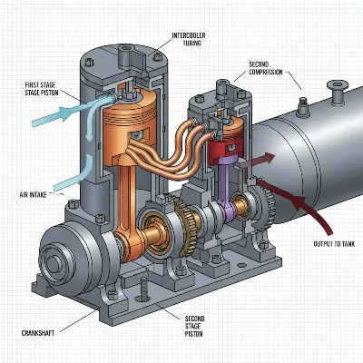 A detailed illustration of a two-stage air compressor pump, showing two different sized pistons, an intercooler, and the air compression process