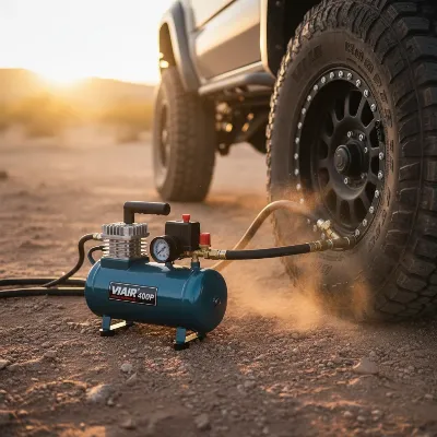 Viair 400P portable air compressor inflating an off-road vehicle tire